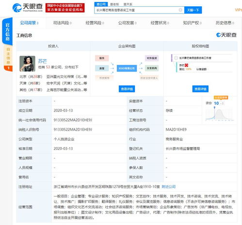 蘇芒成立全資商務信息咨詢工作室，布局個人商業藍圖